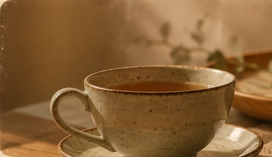 Herbal tea in a handmade ceramic cup, warmly lit, at Houston Relaxology