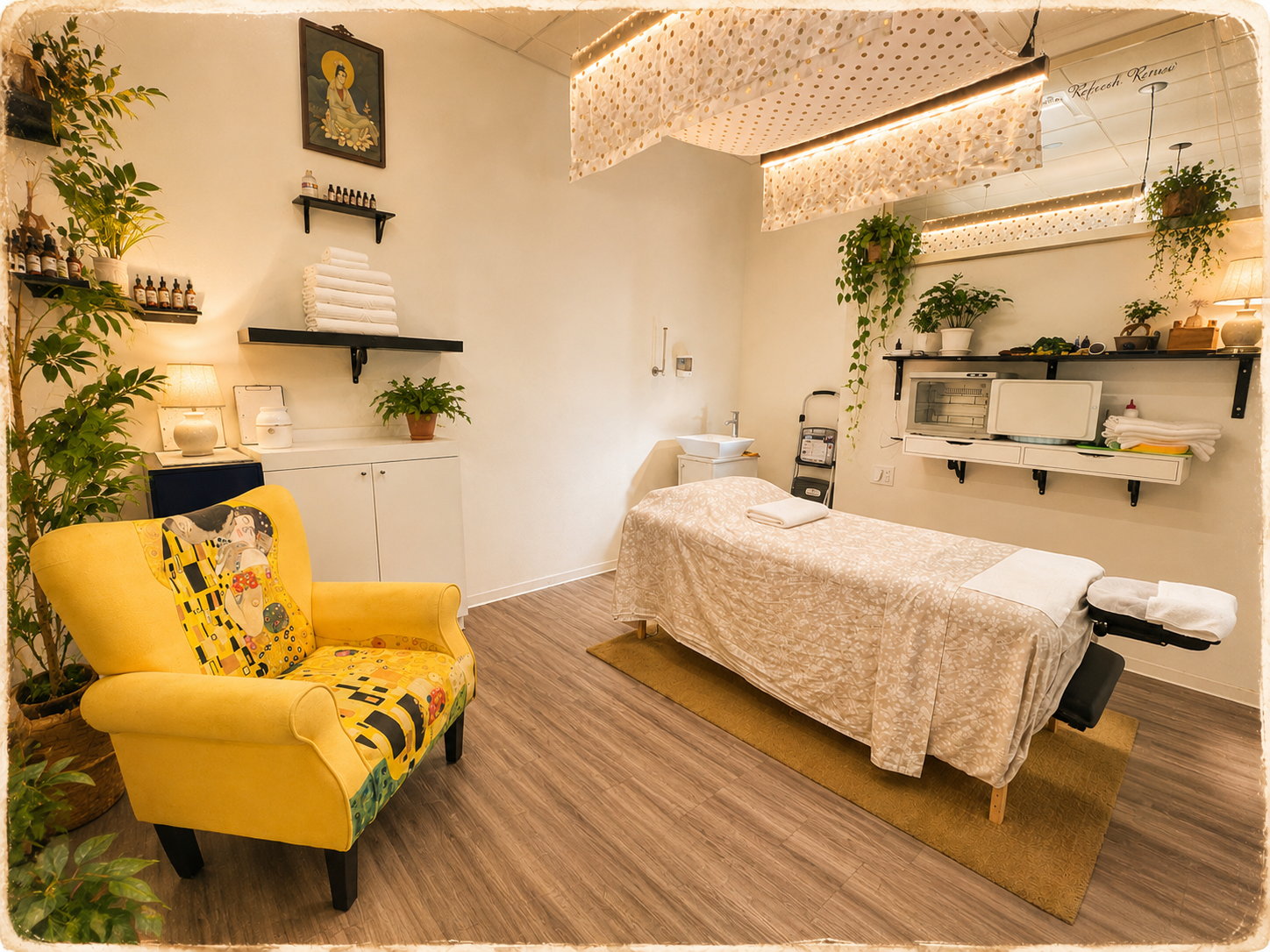 Houston Relaxology studio — warm lighting, yellow accent chair, and greenery